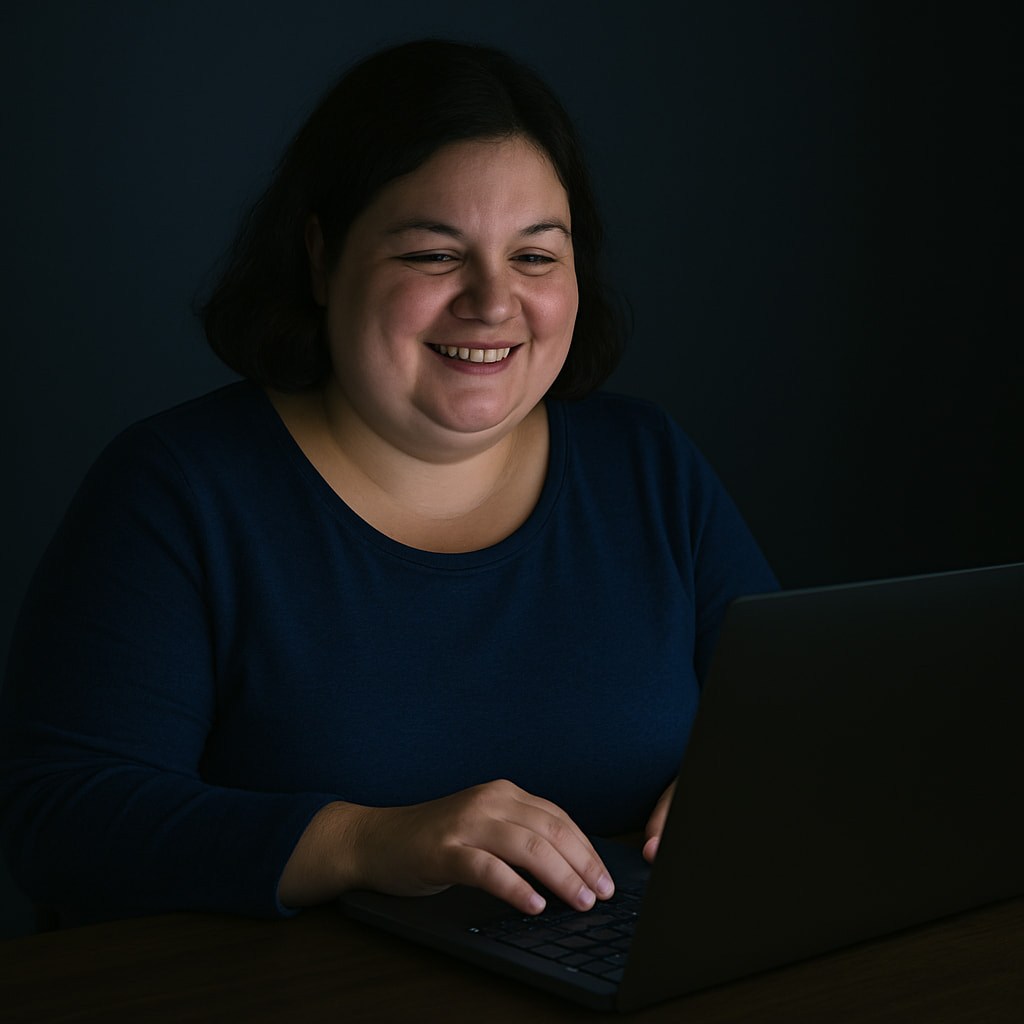A woman smiling using a computer.