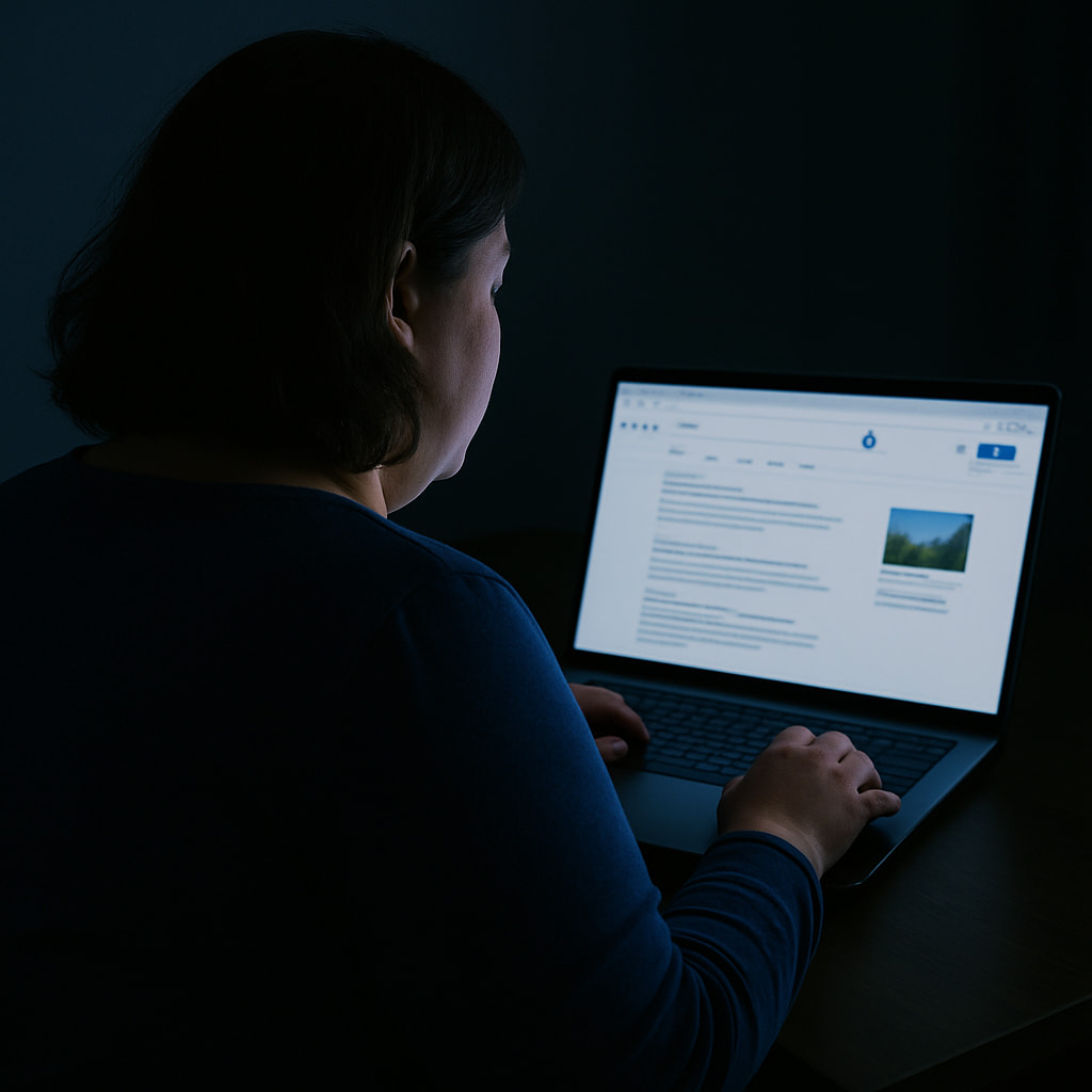 A woman using a laptop at night, looking for information.