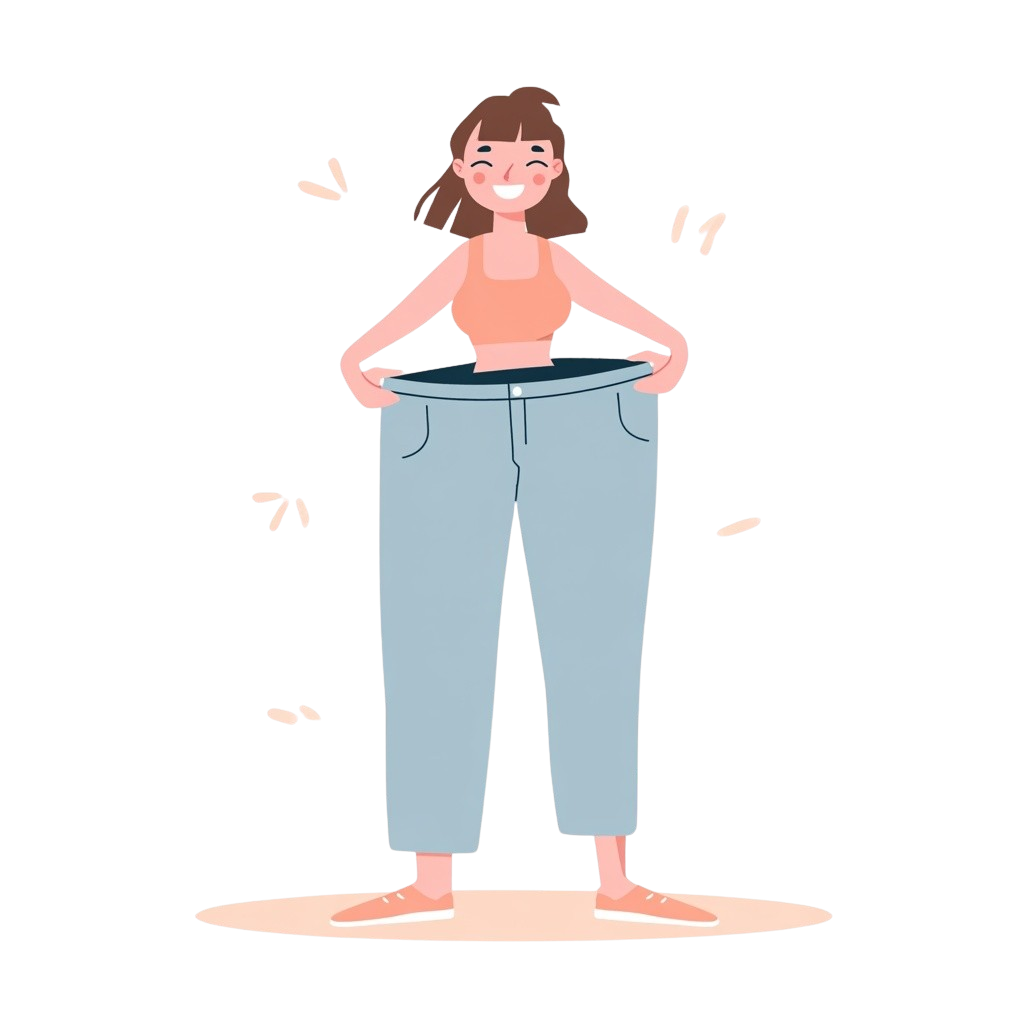 smiling young Canadian woman holding oversized jeans in front of her body showing weight loss